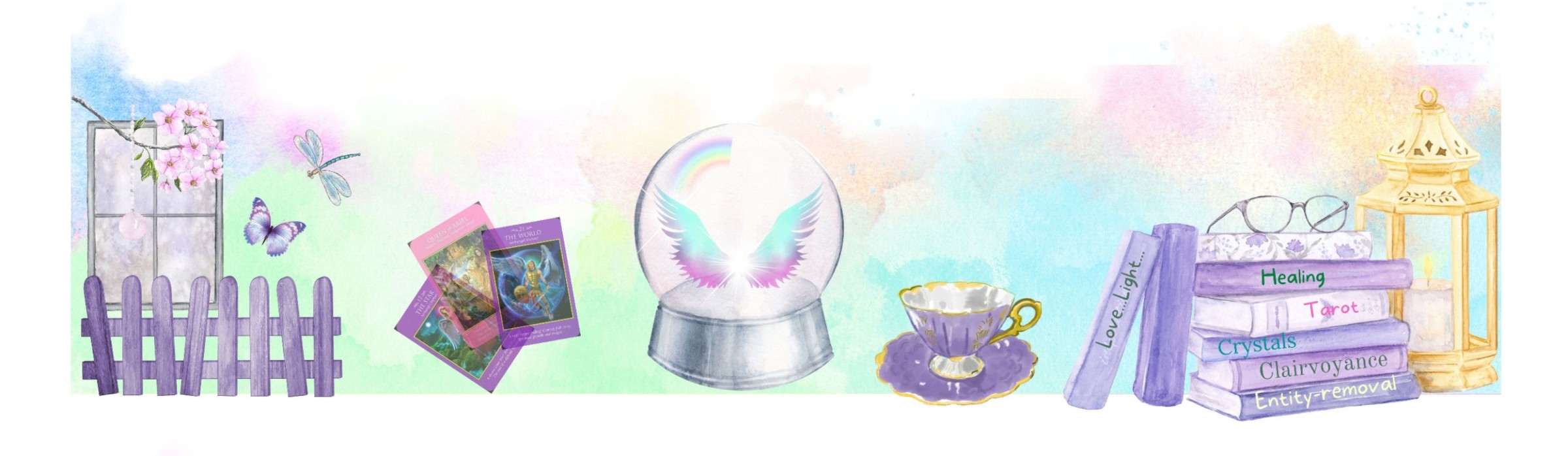 angel wings and a rainbow in a crystal ball next to tarot cards, a cup of tea, books and a pretty garden with picket fence