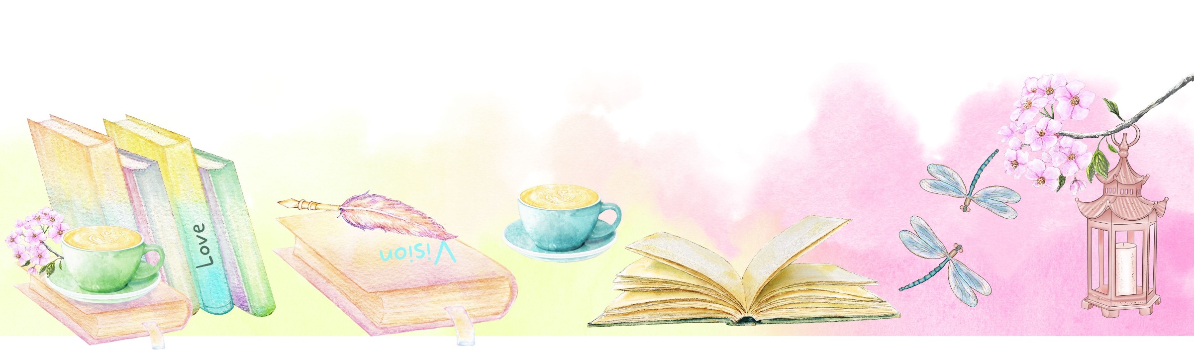a gentle scene with pastel colours of books and dragonflies, coffee and a lantern hanging from a branch